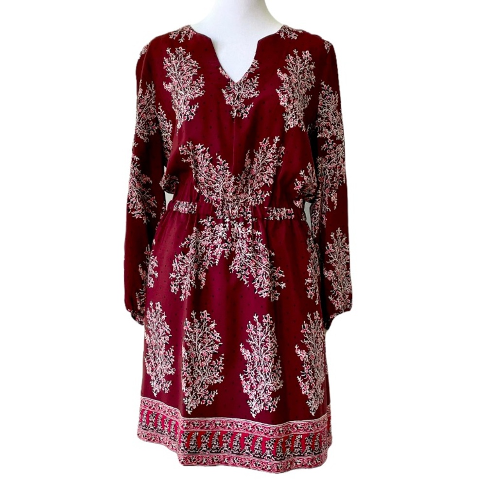 Madewell Burgundy White Silk Lassi Floral Indian Block Print Long Sleeve Dress 4